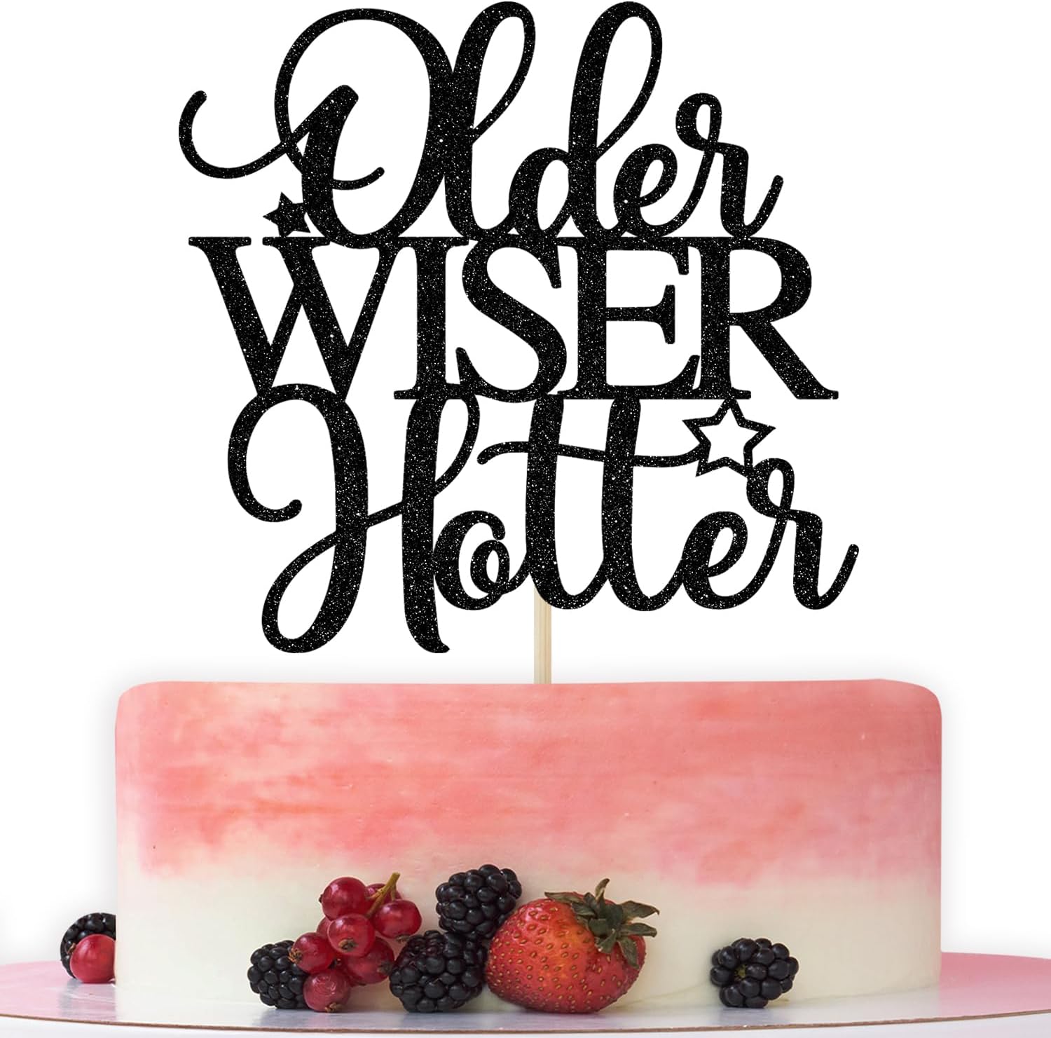 Older Wiser Hotter Cake Topper - Black Glitter Birthday Decor For 30th 40th 50th 60th Adult Parties