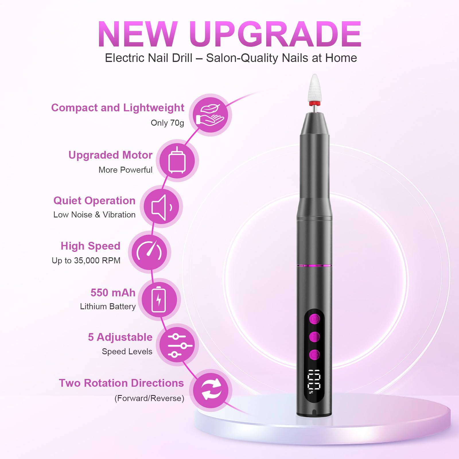 POFIBO Cordless Electric Nail Drill, 12 in 1 Rechargeable Electric Nail File Kit with LCD Display, 5 Adjustable Speeds - Image 2
