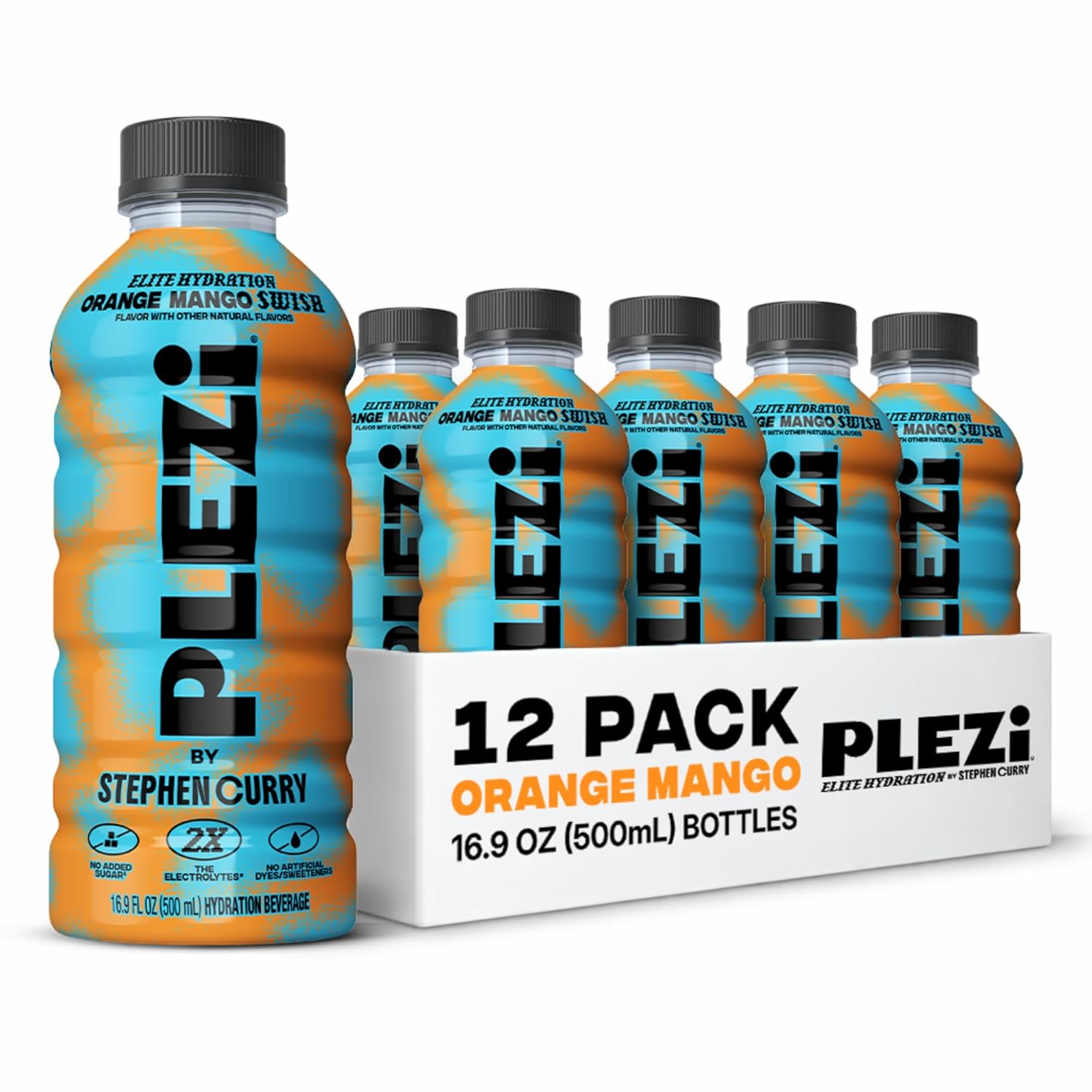 PLEZi Hydration Drink ORANGE MANGO SWISH - Electrolyte Drinks Made with Real Juice, 2X Electrolytes vs the Leading Sports Drink, 560mg Potassium - No Added Sugar Sports Hydration - 16.9 fl oz, 12 Pack