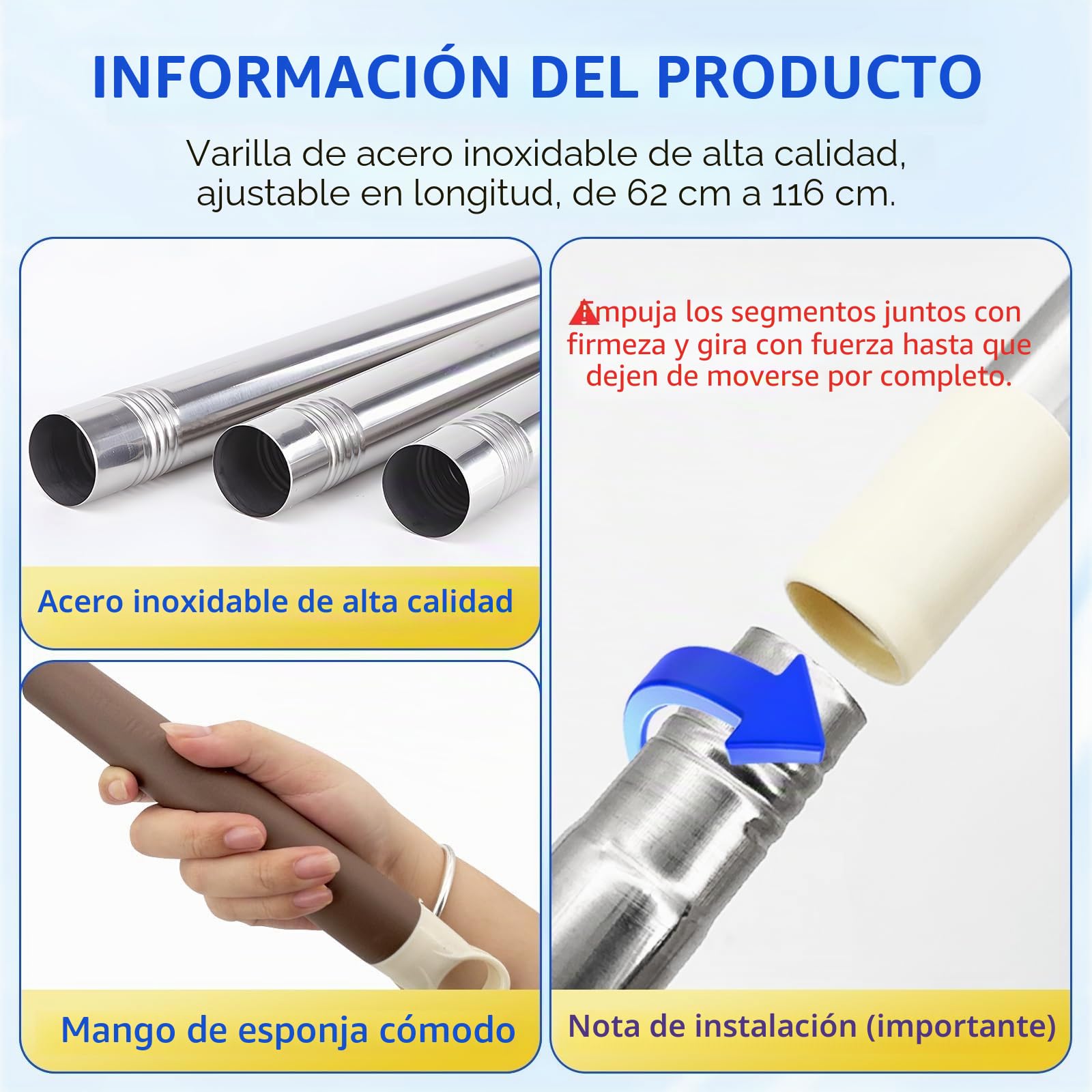 Tubo de extensión con gancho para ventana de tejado, 110 cm, acero inoxidable, compatible con Velux, para manipular ventanas y persianas de difícil acceso