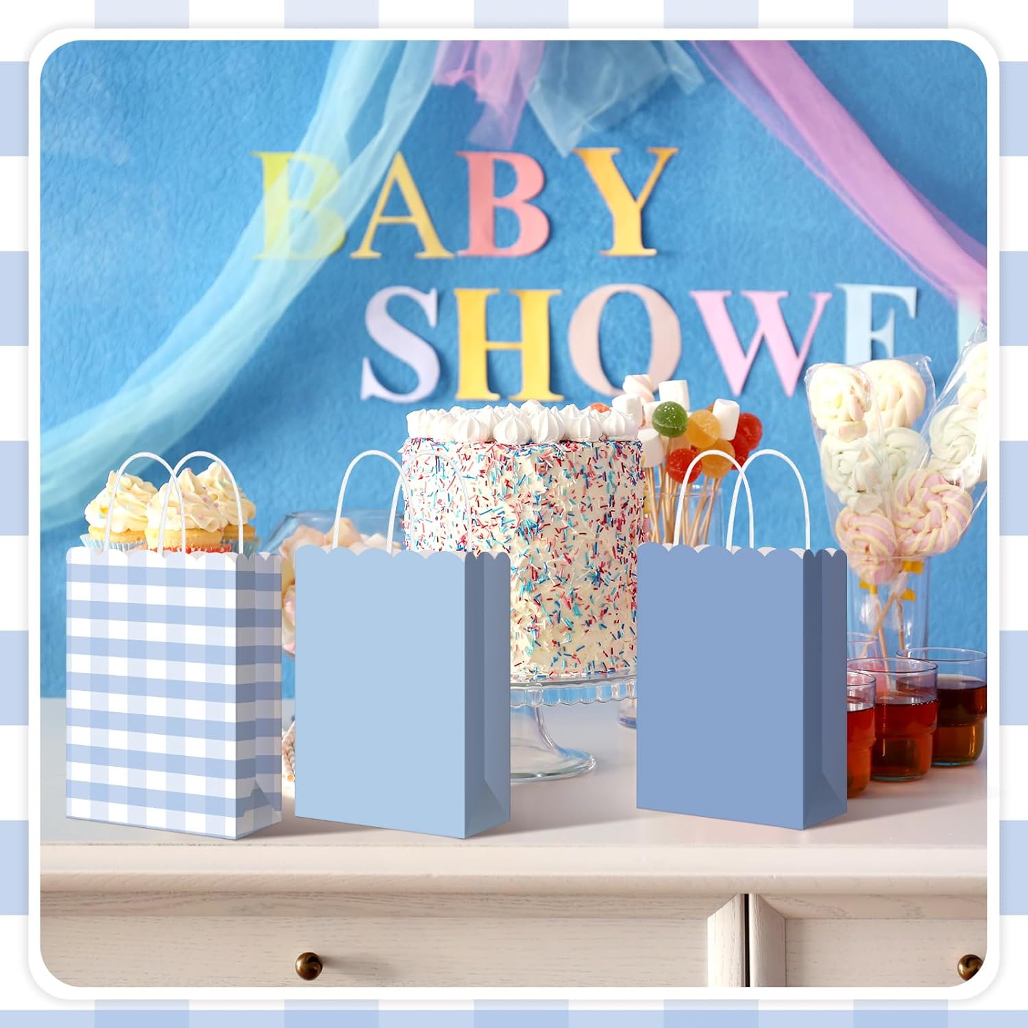 Kolldenn 24 Pcs Blue Gingham Party Supplies Gift Bags with Handles Scallop Kraft Paper Treat Candy Goodie Party Favor Bags for Baby Shower Birthday Wedding Decor - Image 4