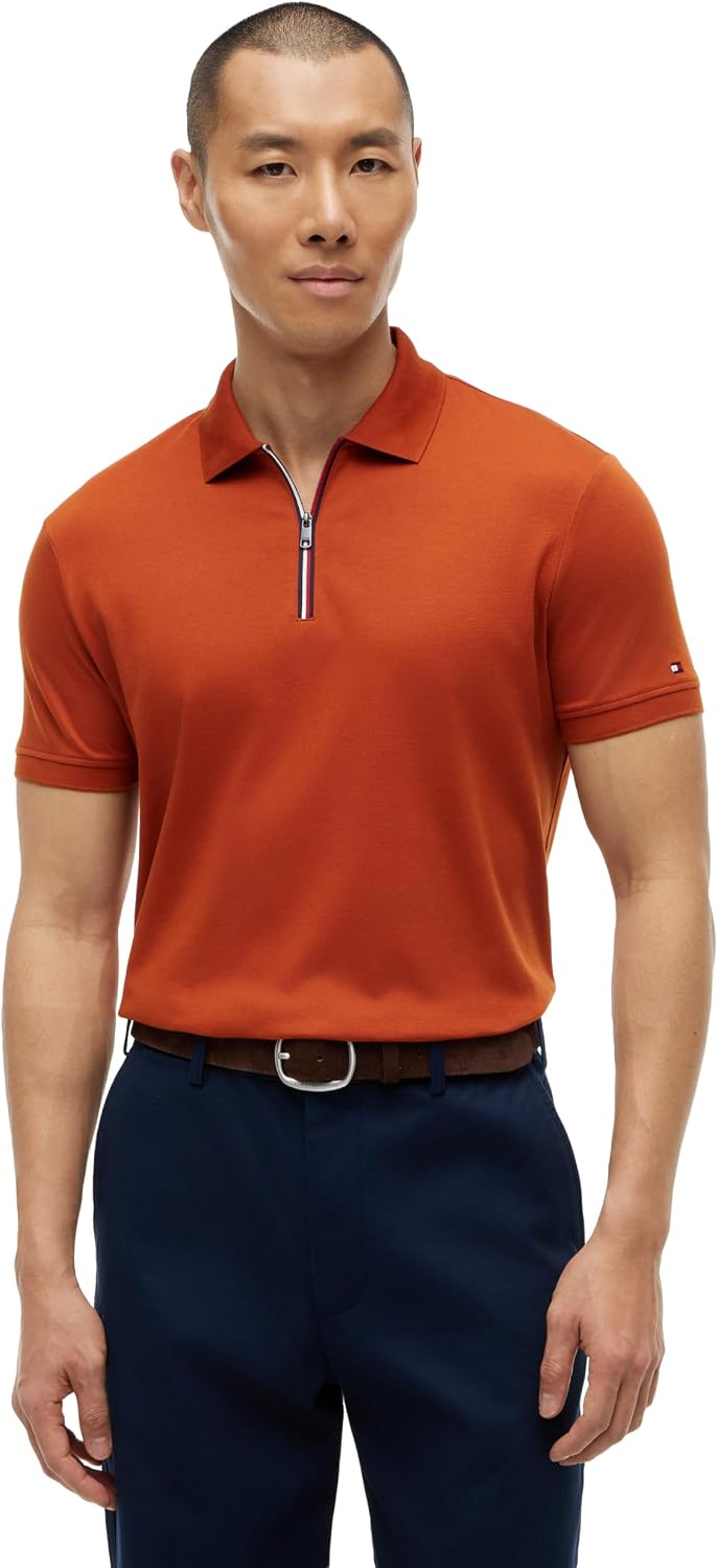 Tommy Hilfiger Men's Short Sleeve Casual Polo Shirts in Regular Fit with Liquid Cotton and Zip Closure