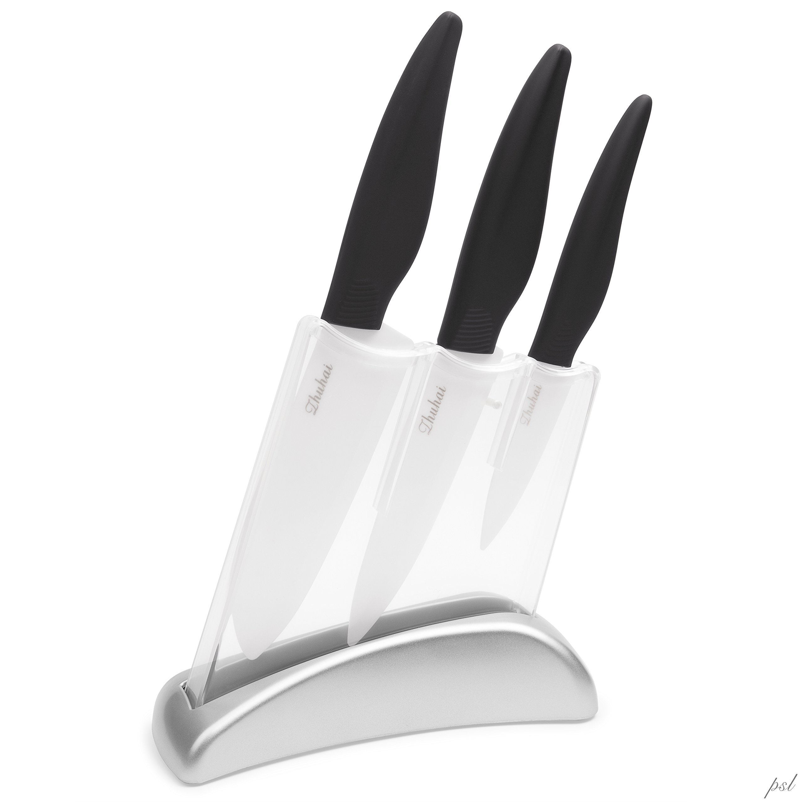 Zhuhai Premium Ceramic Knife Set Includes 4" Paring Knife, 5 1/2" Chef's Knife, 6" Chef's Knife and Block