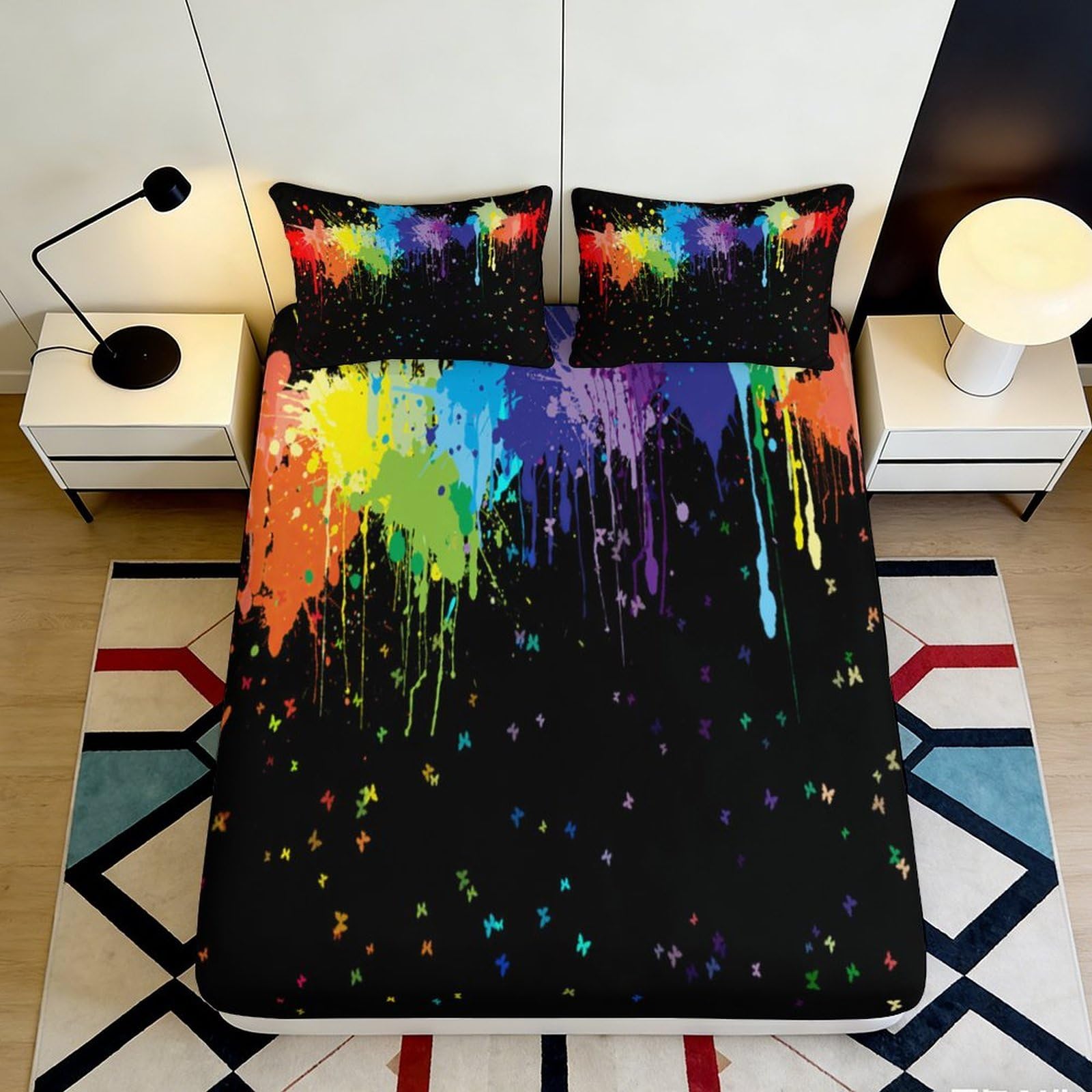 3D Printed Rainbow Splash Fitted Sheet Microfiber Soft Durable Black Bed Cover for Bedroom Dormitory Guest Room Mattress Protection and Decoration 120x200x25cm