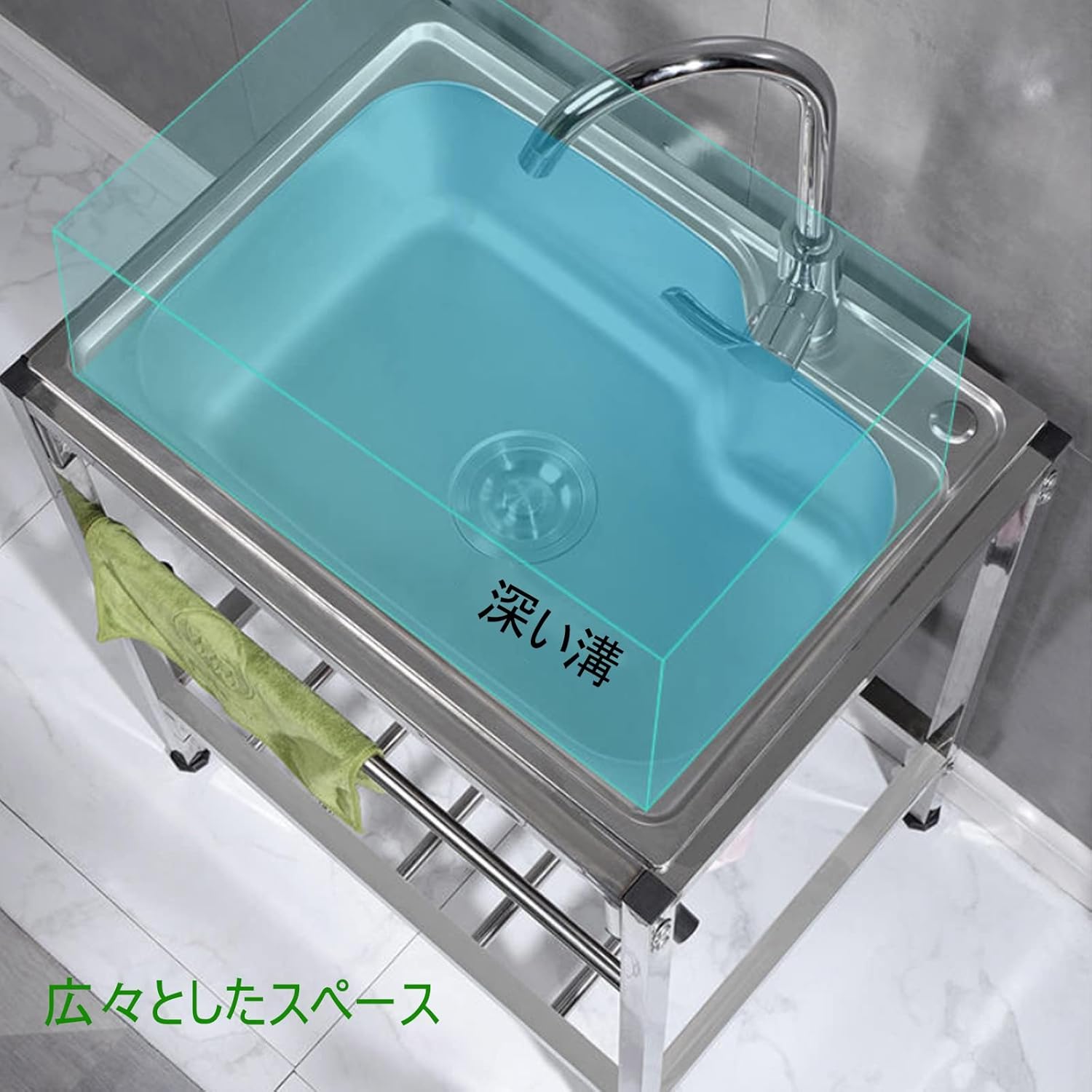 自立式 304 ステンレススチール ユーティリティシンク、レストラン用業務用シンク、蛇口付き業務用シンク、屋外用冷水・温水蛇口付きユ 商業 レストランキッチンシングルボウルシンク、蛇口とストレーナー付きの自立型ステンレススチールシンク、ガレージ、レストラン用の ... 業務用レストランシンク ステンレススチール、1コンパートメントユーティリティキッチンシンク、自立型ケータリングユニット、軽量、移動簡