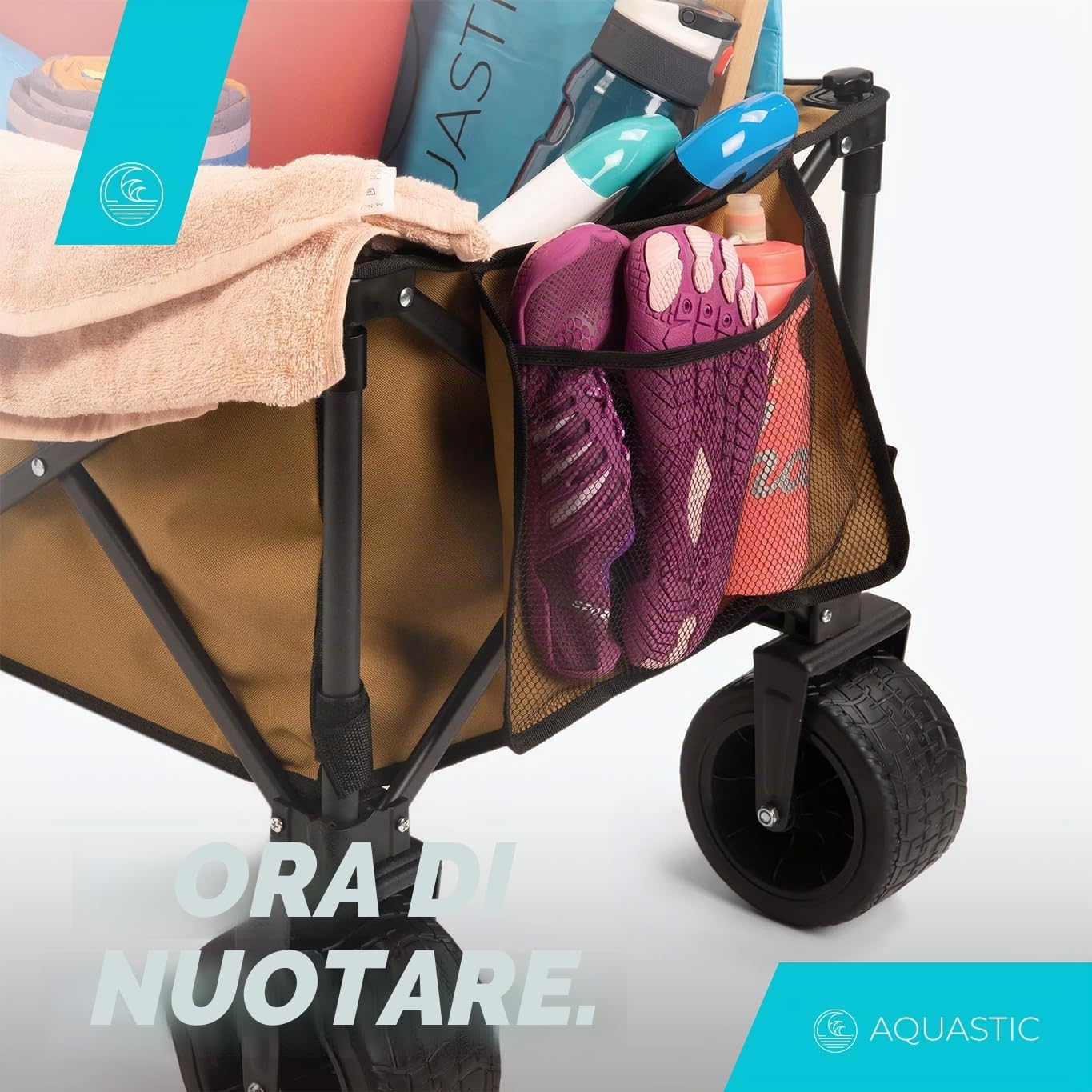 Aquastic - Carrello Pieghevole Caro 90x47x55 cm - Carrello Da Trasporto Resistente Con Grandi Ruote 127L Per Spiaggia Giardino E Campeggio Marrone