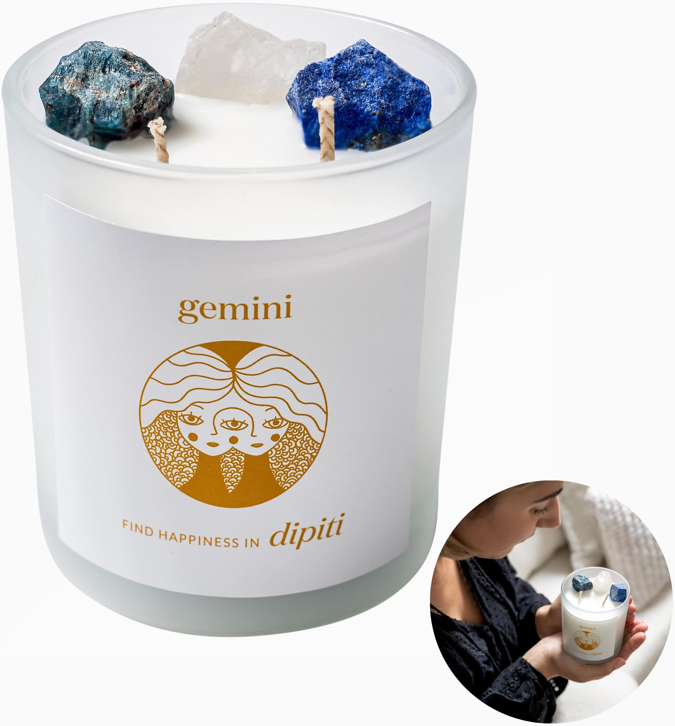 dipiti 10oz Gemini Candle - Gemini Gifts for Women - Crystal Candle - Crystals and Healing Stones , Astrology Gift Set , Zodiac Spiritual & Crystal Decor , Cleansing Sage Candle , Spell Candles