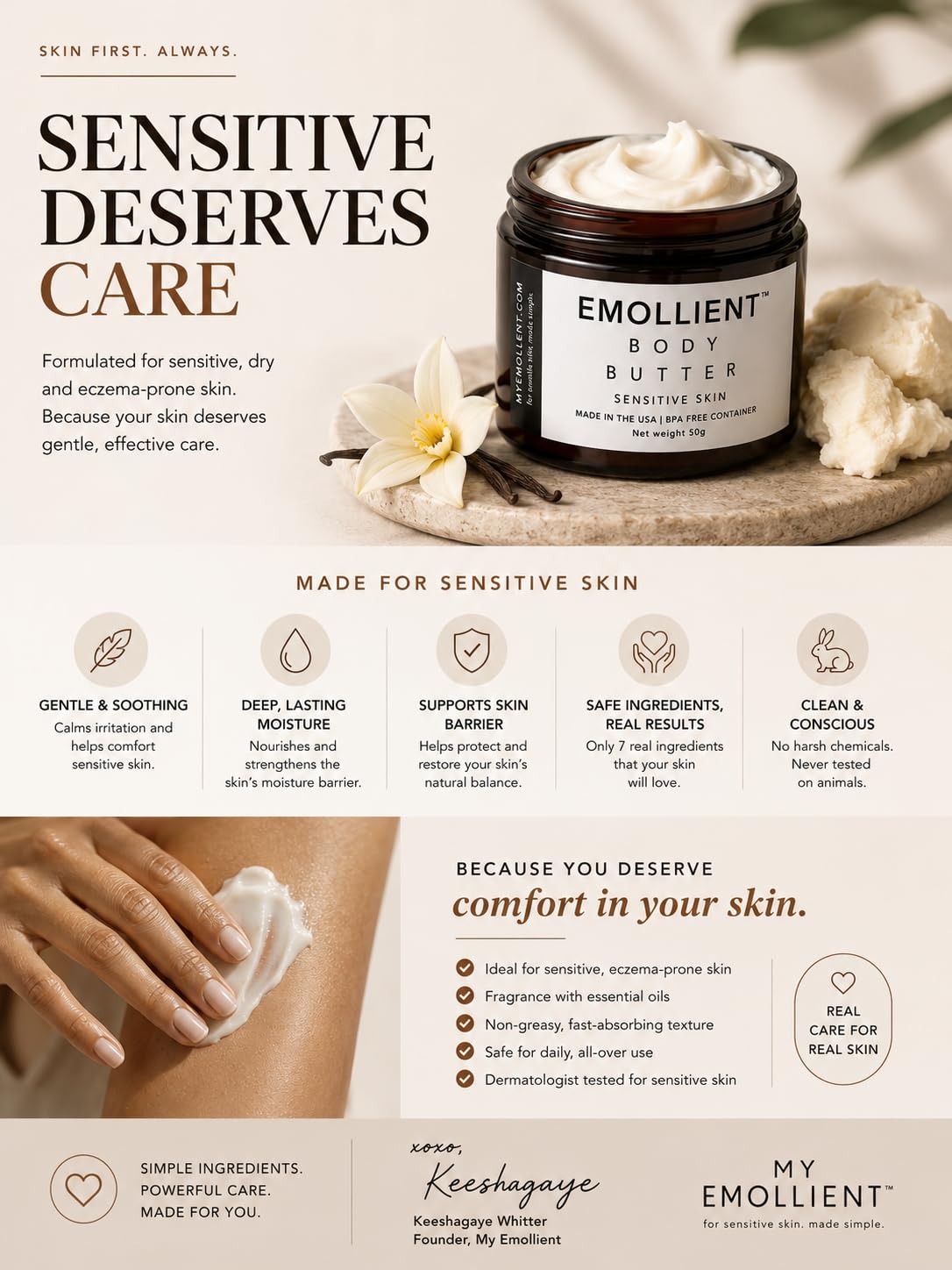 Emollient for Dry Skin & Eczema Handmade Butter Made with Kokum Butter, Mango Butter, Shea Butter, Aloe Butter, Essential Oils, Packed with Vitamins and Antioxidants (Sensitive Skin, 100 grams)