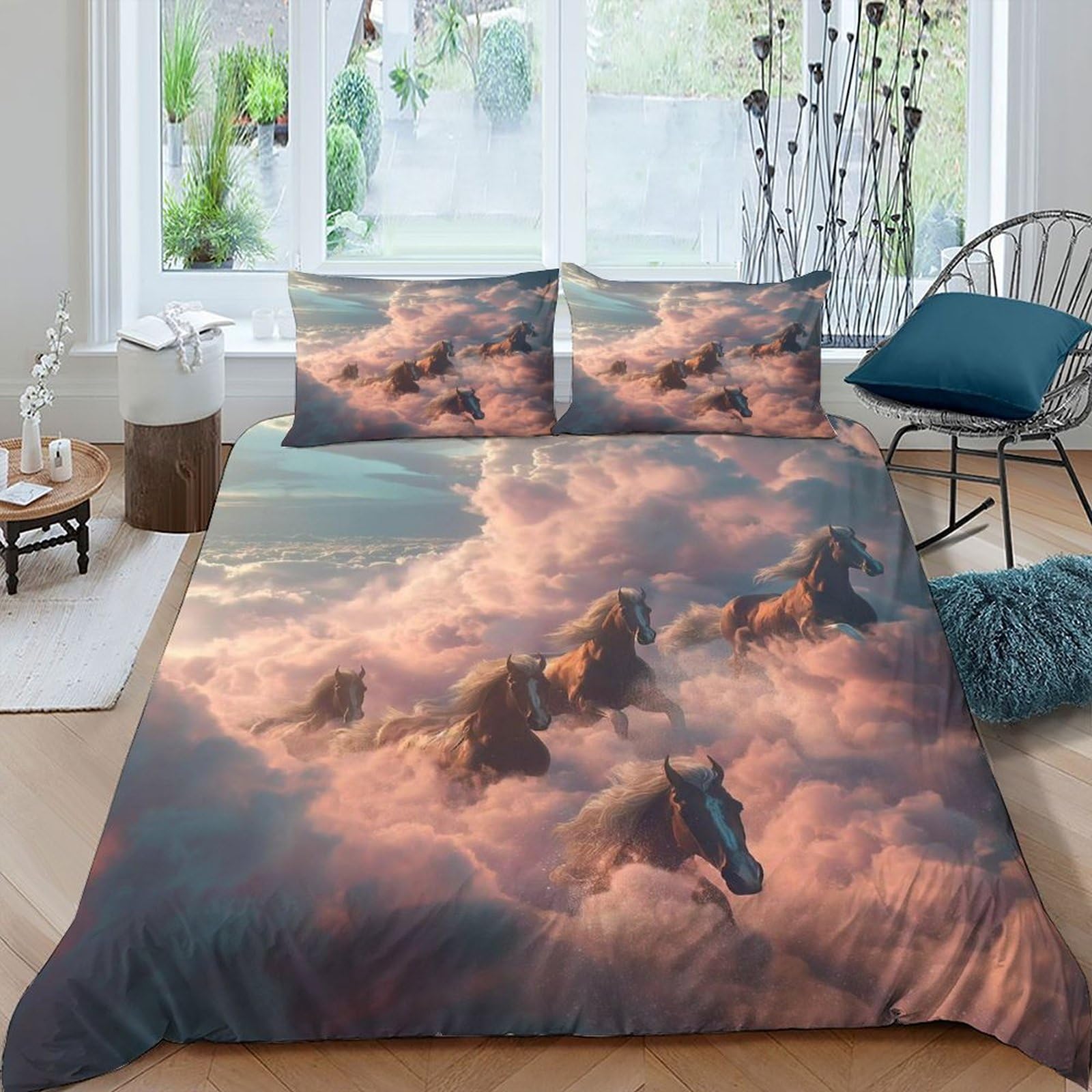 Housse de couette chevaux nuages en microfibre premium 220x240 cm