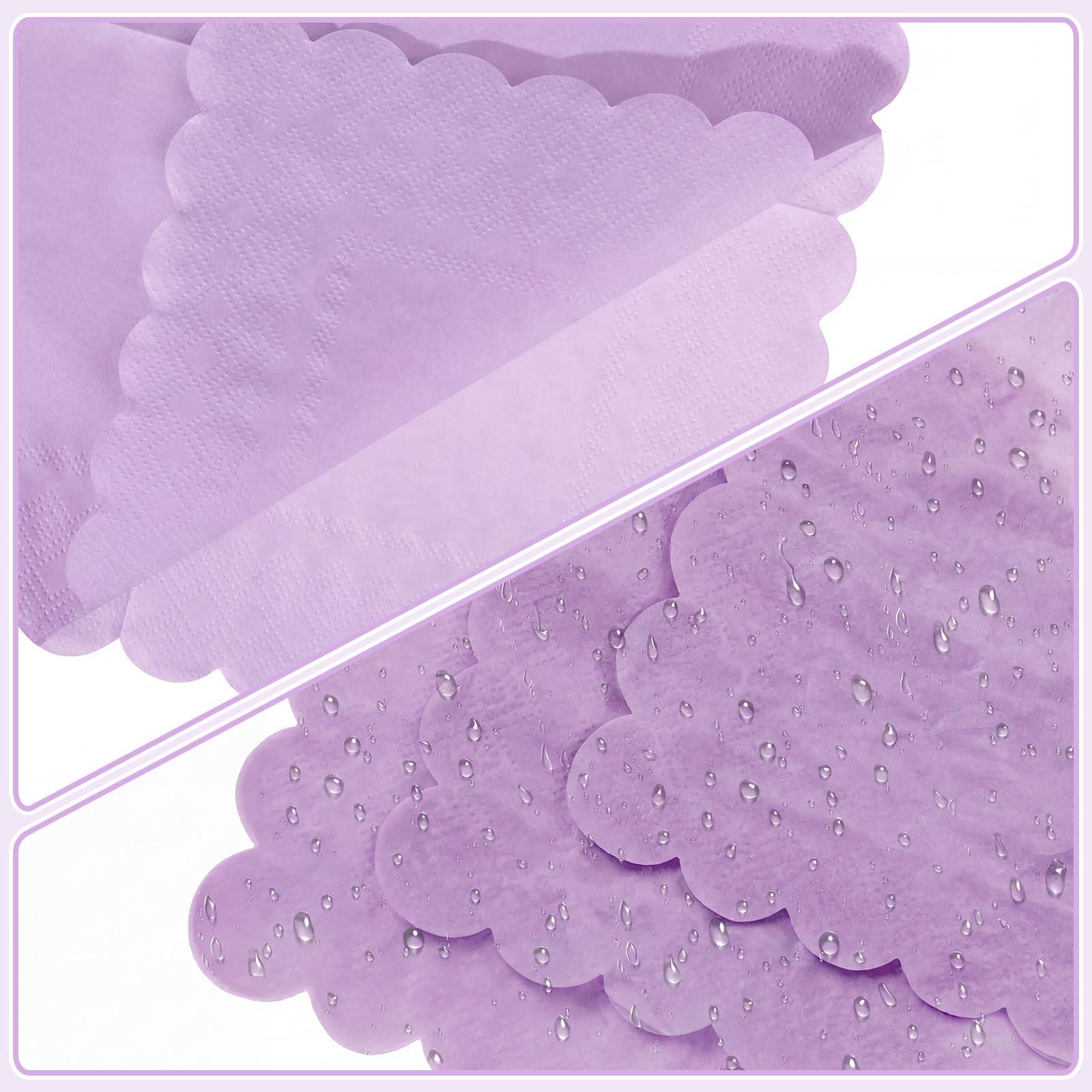 NatNarr 120 servilletas de papel de lavanda festoneadas, 120 unidades | Servilletas de postre de color morado claro para cumpleaños, Halloween, boda, despedida de soltera, baby shower