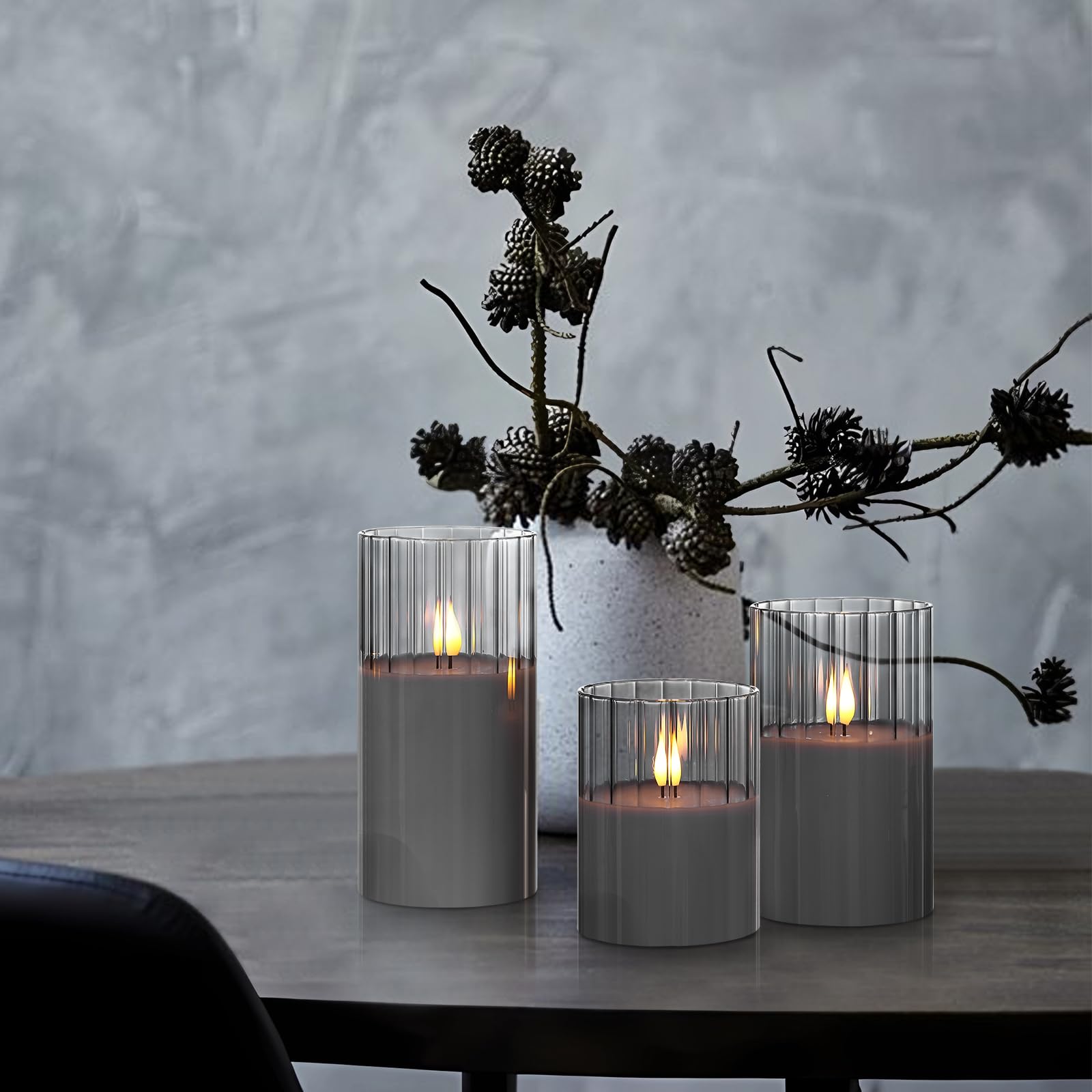 Rhytsing Smoked Ribbed Glass Battery Operated LED Candles with Remote, Flameless Candle with Timer Gift Set for Home Decor, Warm White Lights- Include 6 Batteries - Set of 3