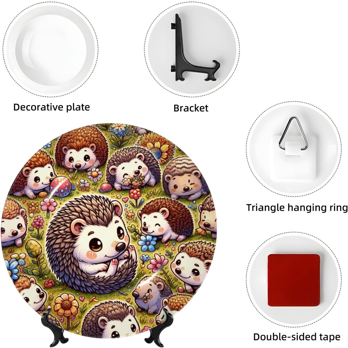 Cute-Hedgehog-Floral 10 Inch Decorative Plate With Stand, Elegant Display Wall Plate For Home Decor
