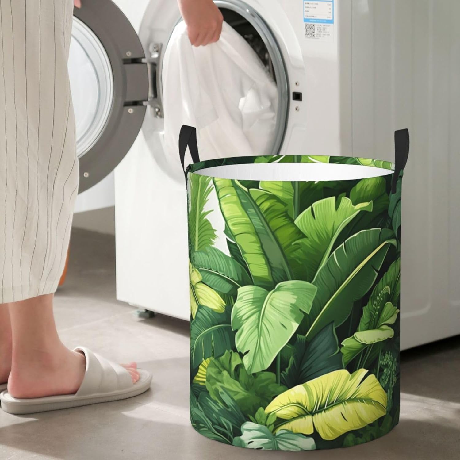 Cute banana leaves Laundry Basket With Handles, Foldable Laundry Hamper Oxford Cloth Dirty Clothes Basket Waterproof Clothes Toys Storage Bin Organizer for Bedroom Bathroom Dorm