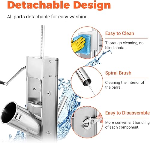 Miniatura 3 de Relleno de salchichas de 7 libras3 L, máquina de salchichas de acero inoxidable 304 ajustable, 2 velocidades, 5 tubos de llenado (plateado)