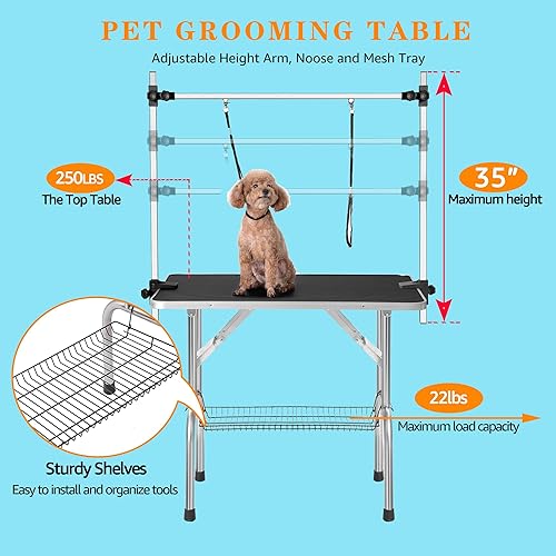 Miniatura 3 de Mesa profesional de aseo para perros y mascotas, ajustable, resistente, portátil, con brazo y lazo y bandeja de malla (42 pulgadas, azul)