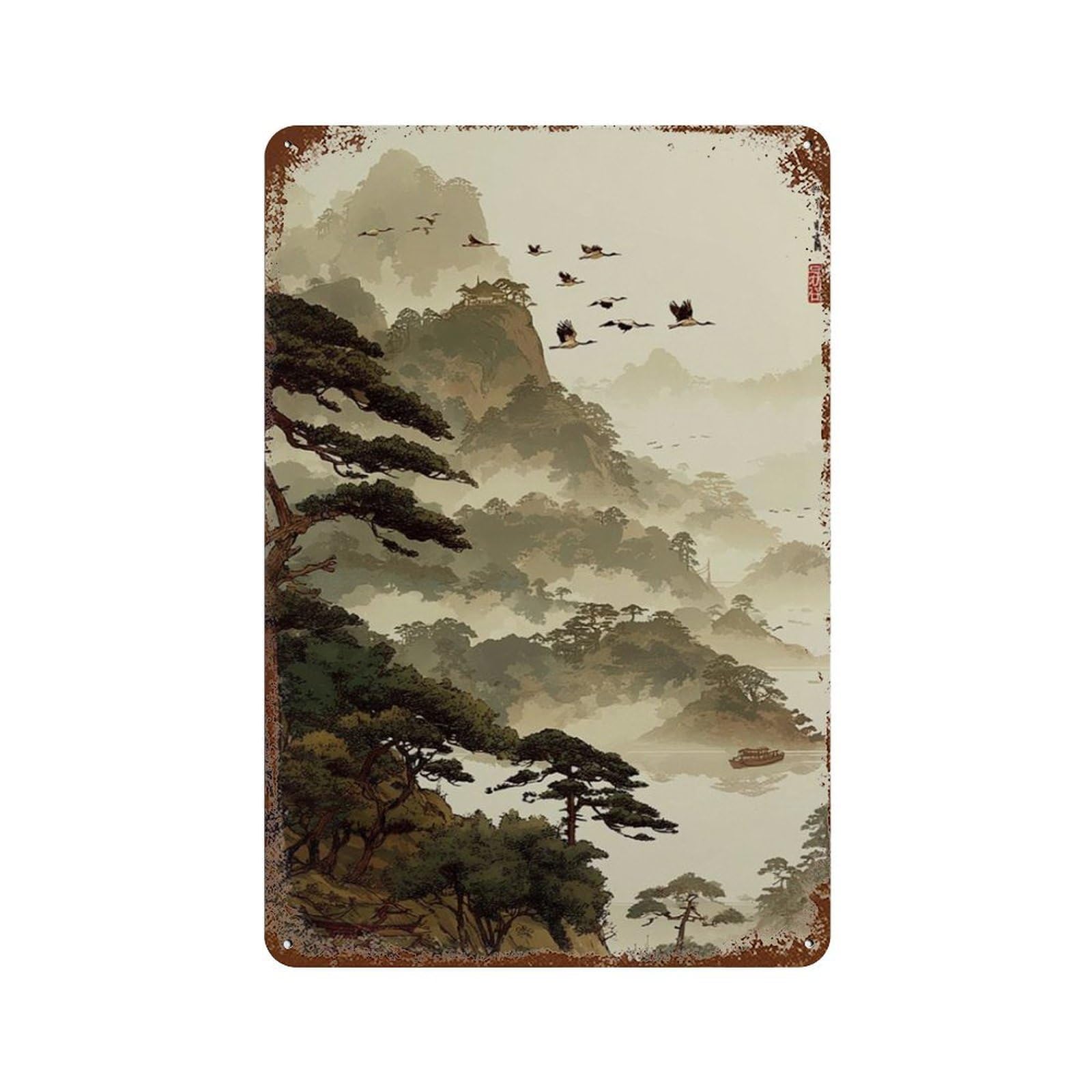 xiaoxiaoshen Misty Mountain Landscape Japanese Ink Style Serene Nature Panorama Wall Decor Art Metal Tin Poster Modern Home Decor Art Home Bar Shop Decorations Vintage Sign 30x20cm