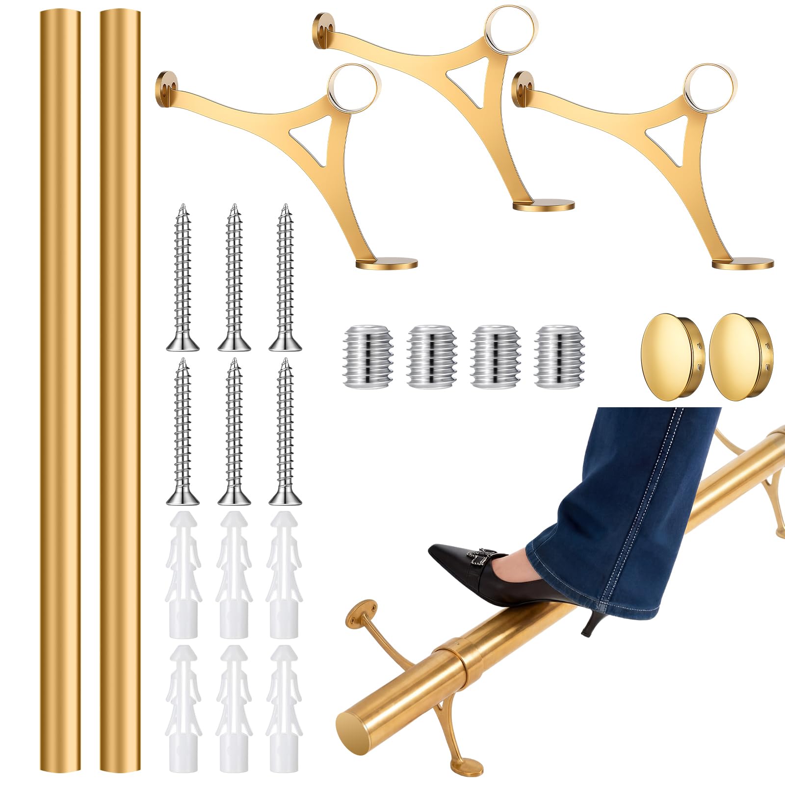 Zonon 4 ft Bar Foot Rail Kit Gold Undercounter Mount Hardware and Tubing Complete Kit Foot Railing for Bar Dome End Cap Stainless Steel Brass Finish for Kitchen Island Indoor Outdoor