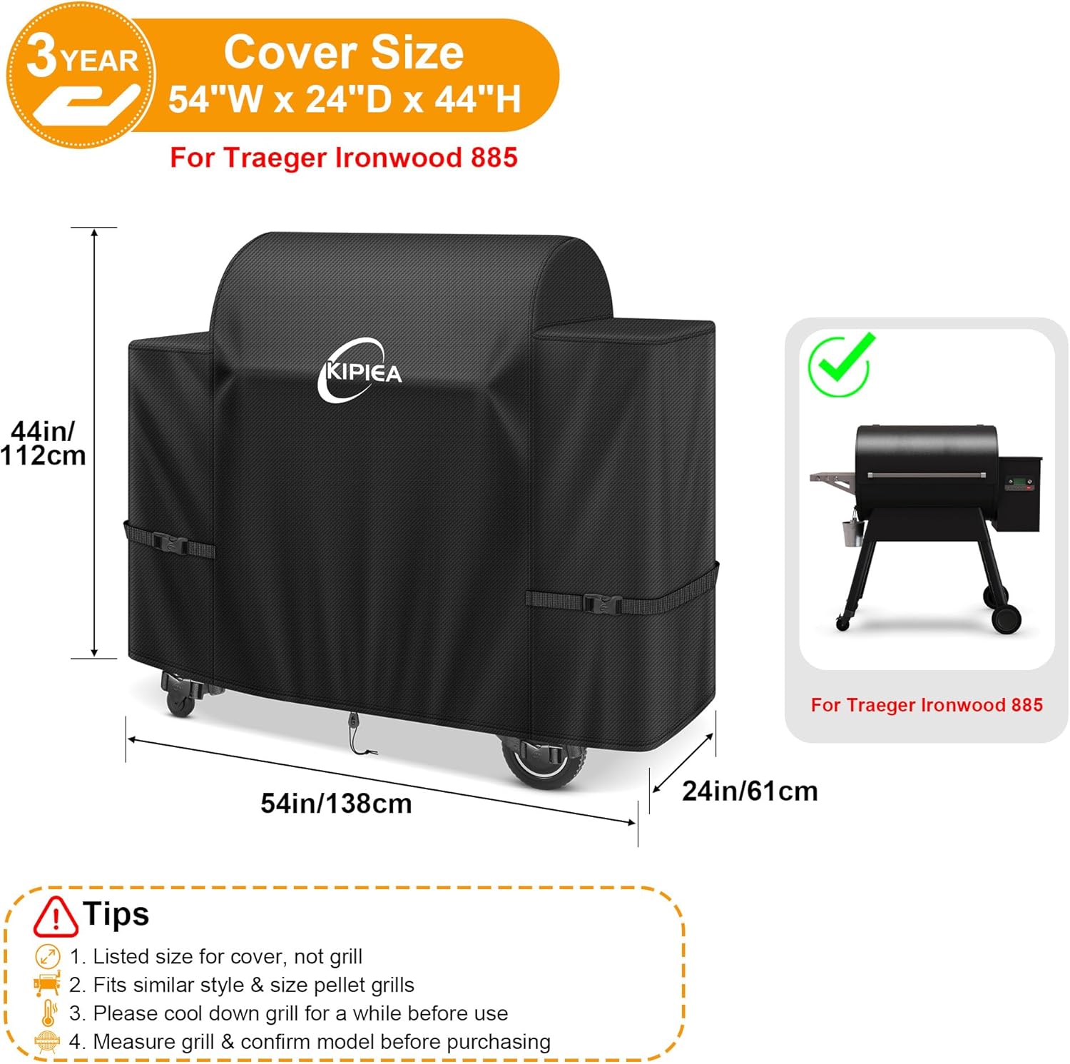 Kipiea Heavy Duty Grill Cover for Traeger Ironwood 885, 600D Oxford Fabric Wood Pellet Smoker Covers Waterproof & Windproof, Pellet BBQ Grill Cover for Outside Anti-UV, No Tear, No Fading