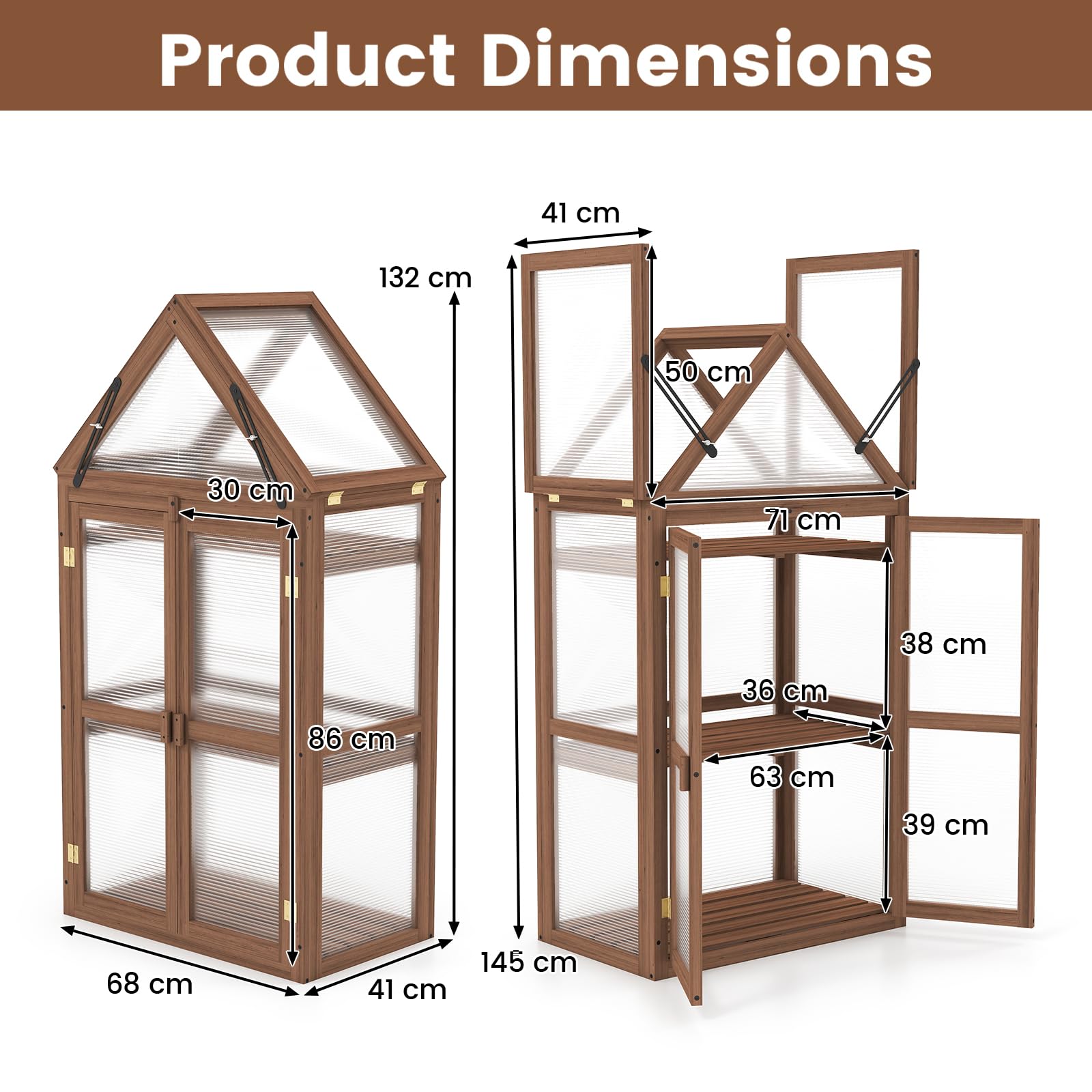 HOMASIS Mini Serra da Giardino a 3 Livelli Trasparente in Policarbonato, Serra da Balcone Invernale con 2 Porte, Tetto Apribile e Ripiani Regolabili, Struttura in Legno di Abete, 71 x 41 x 133 cm