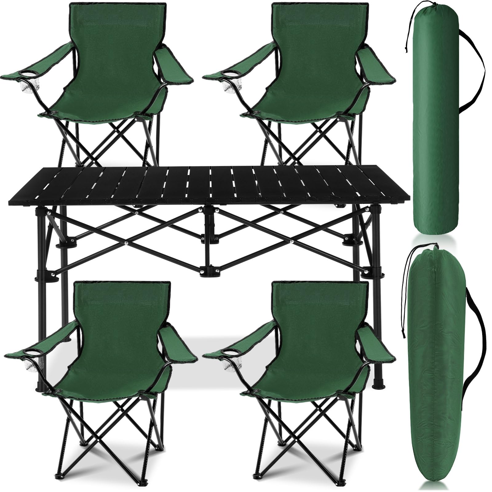5 pcs summer portable camping chair and folding camping table set outdoor oxford fabric folding chair lawn portable camp table with cup holder carry bag for travel fishing sport(army green)