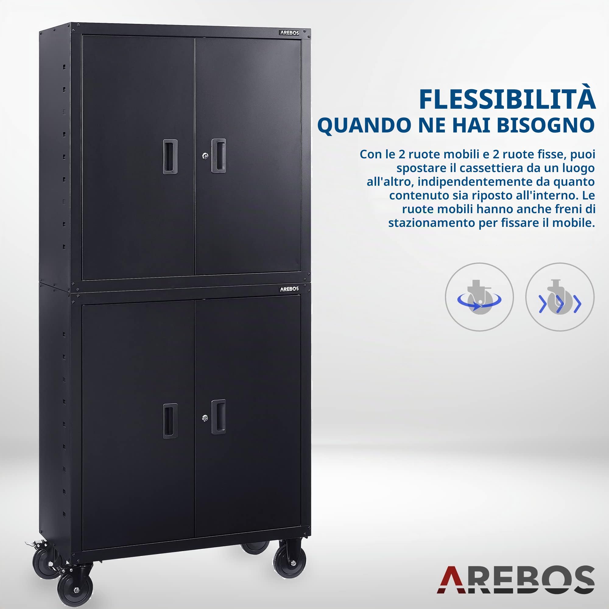 Arebos Armadietto da ufficio, nero, 195 x 40 x 90 cm, set da 2 pezzi, 4 ante, con ruote, 2 ripiani regolabili in altezza, con serratura a cilindro