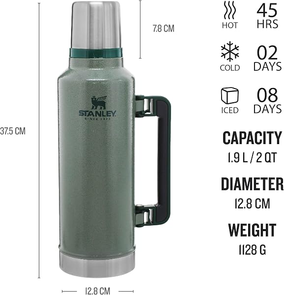 The iconic green finish of the Stanley 1913 Classic Legendary Thermal Flask 1.9L, showcasing its robust stainless steel construction.