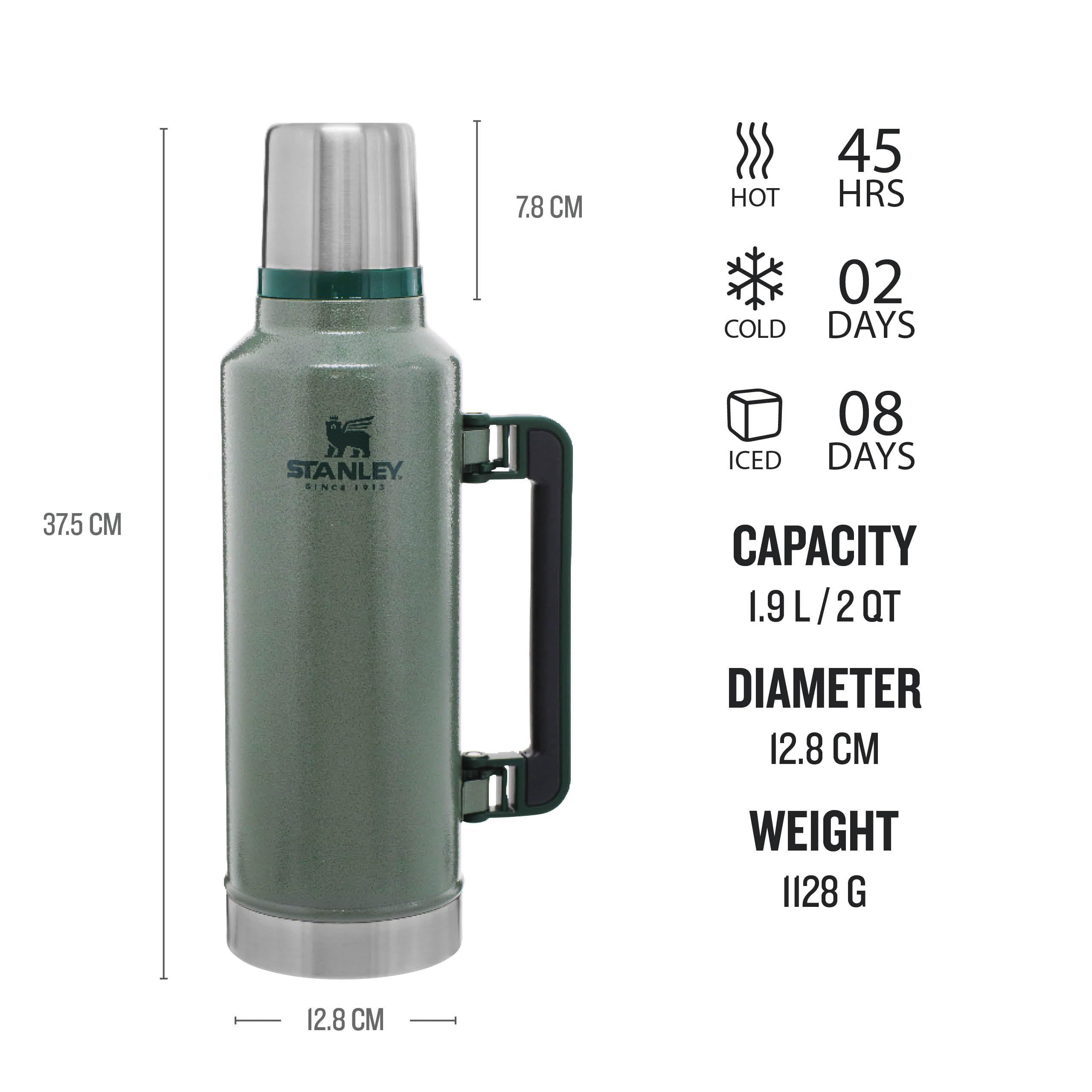 The iconic green finish of the Stanley 1913 Classic Legendary Thermal Flask 1.9L, showcasing its robust stainless steel construction.