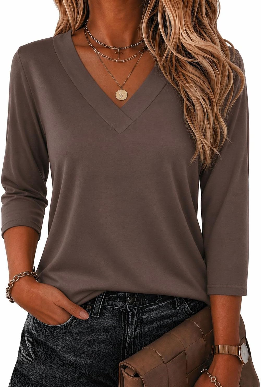 Zeagoo 3/4 Sleeve Womens Top V Neck Shirt Casual Blouse Basic Tshirts S-2XL image 5