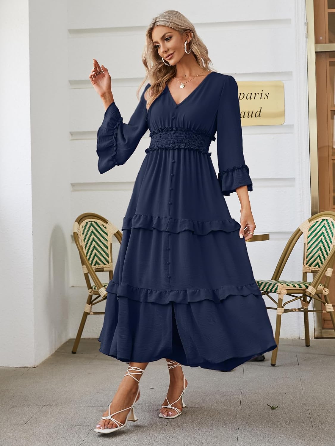  Women's V Neck Long Sleeve Boho Maxi Dress 2026 Fall Wedding Guest Long Flowy Engagement Dresses thumbnail