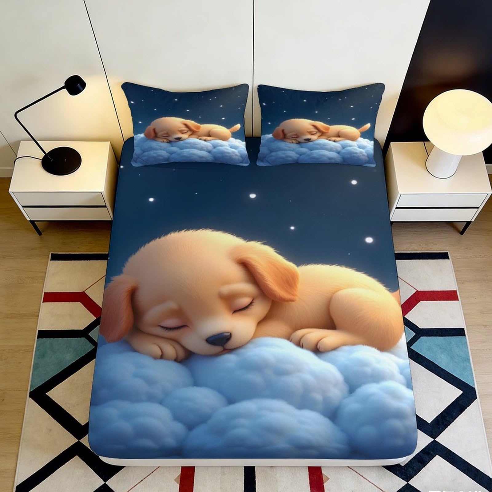 3D Printed Sleeping Puppy Fitted Sheet Microfiber Soft Breathable Night Sky Bed Cover for Bedroom Dorm Mattress Protection 120x200x25cm