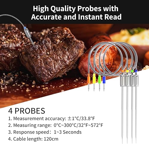 Miniatura 6 de Rilitor Termómetro Bluetooth para carne, termómetro digital inalámbrico para parrilla con 4 sondas, termómetro para horno y barbacoa con aplicación