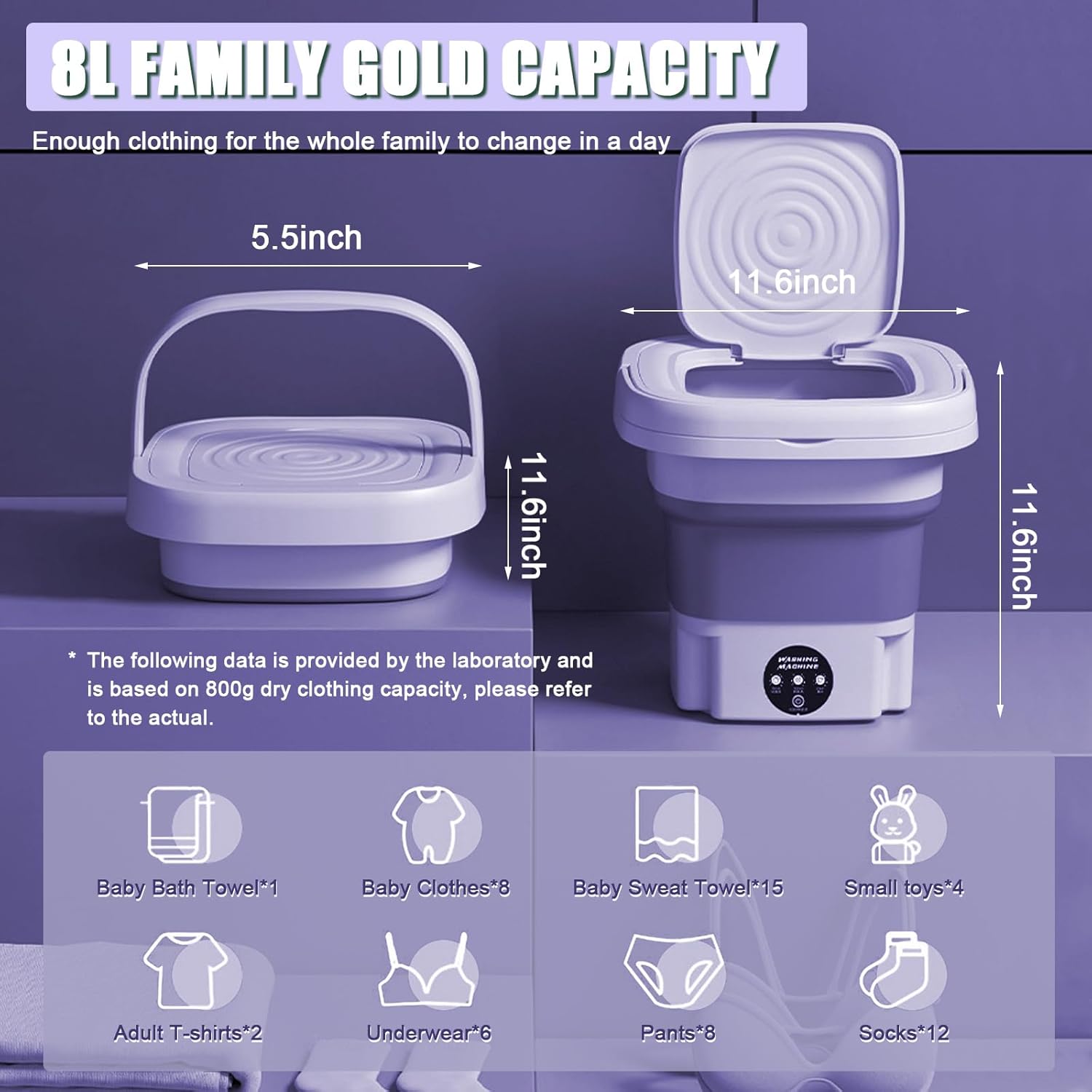 Mini lavatrice, 8 l, portatile, pieghevole, 3 modalità, mini lavatrice da viaggio, lavatrice automatica da campeggio, per vestiti del bambino, biancheria intima o piccoli oggetti, viola           [Classe di efficienza energetica A]