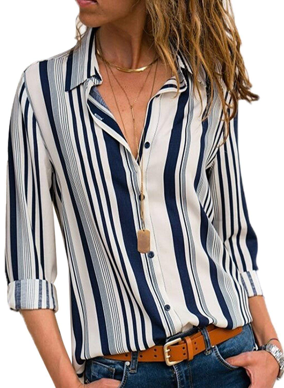 ASKSA Womens Long Sleeves Shirts V Neck Stripes Roll up Button Down Blouses Tops