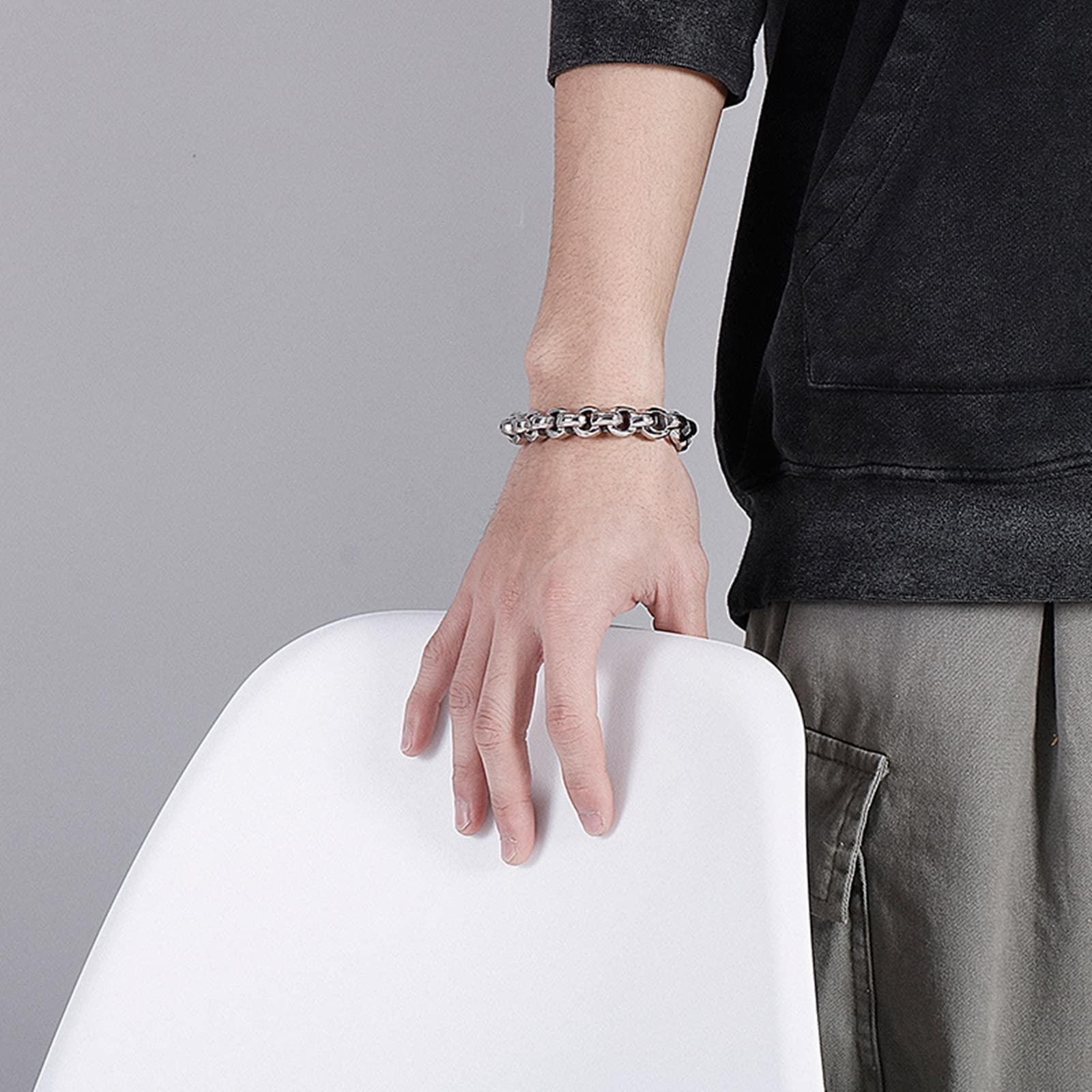 Bracelet Charms Homme Argent， Cadeau Papa Chaîne Épaisse en Forme de D Acier Inoxydable Bracelets Jonc