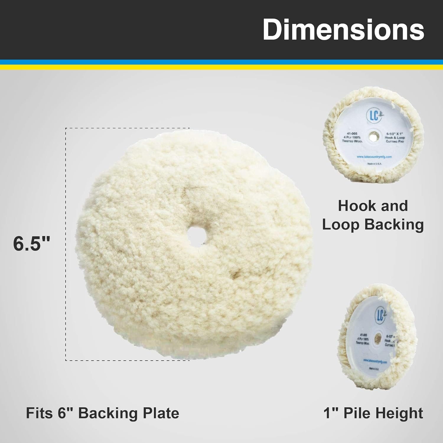 Lake Country 6.5” Twisted Wool Cutting Pad – 1-Pack – Curved Edge, 4-Ply 100% Wool, 1” Pile – Hook & Loop – Fits 6” Backing Plate - Image 3