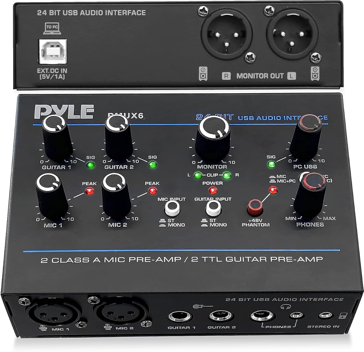 Professional USB Audio Interface with MIC, Guitar, AUX Stereo Inputs, Phone/Monitor Outputs, Ideal for Computer Playing & Recording, Compact Rugged Metal Housing - PMUX6