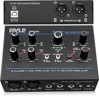 Pyle Professional USB Audio Interface with MIC, Guitar, AUX Stereo Inputs, Phone/Monitor Outputs, Ideal for Computer Playing & Recording, Compact Rugged Metal Housing - PMUX6