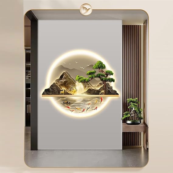 Wall Art Decor, 3D Wall Sculptures Painting Hanging Wall Art with Led Light, Decorative Wall Mounted Lamp, Oriental Decor Traditional Chinese Wall Hanging Painting,Home Entrance Corridor