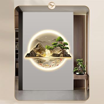 Wall Art Decor, 3D Wall Sculptures Painting Hanging Wall Art with Led Light, Decorative Wall Mounted Lamp, Oriental Decor Traditional Chinese Wall Hanging Painting,Home Entrance Corridor