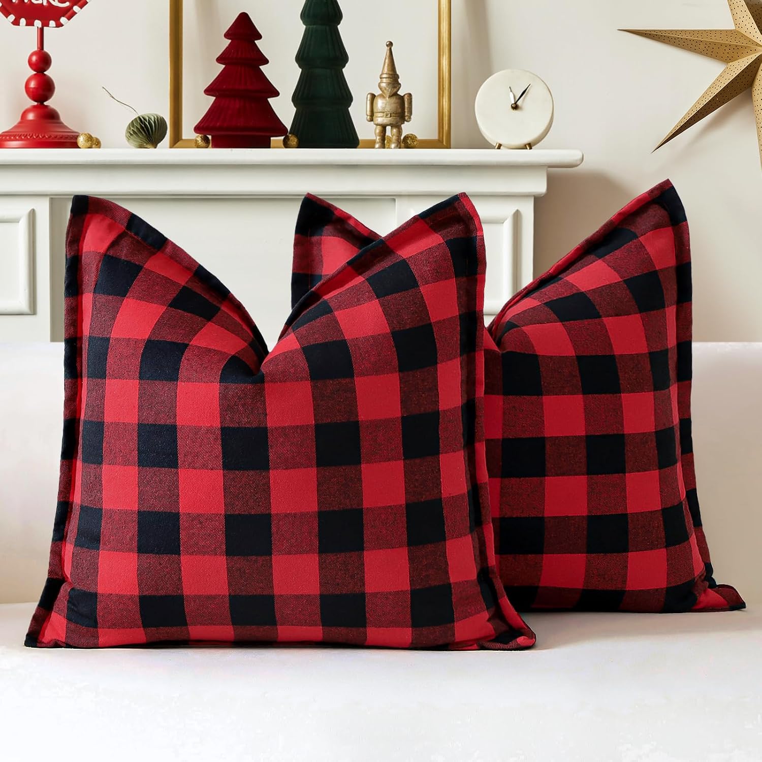 OTOSTAR Pack of 2 Buffalo Check Christmas Throw Pillow Covers 18x18 Inch Decorative Linen Tartan Plaid Square Pillow Covers with Stitched Edge Home Decor Pillow Cases for Sofa Couch Bed, Red and Black