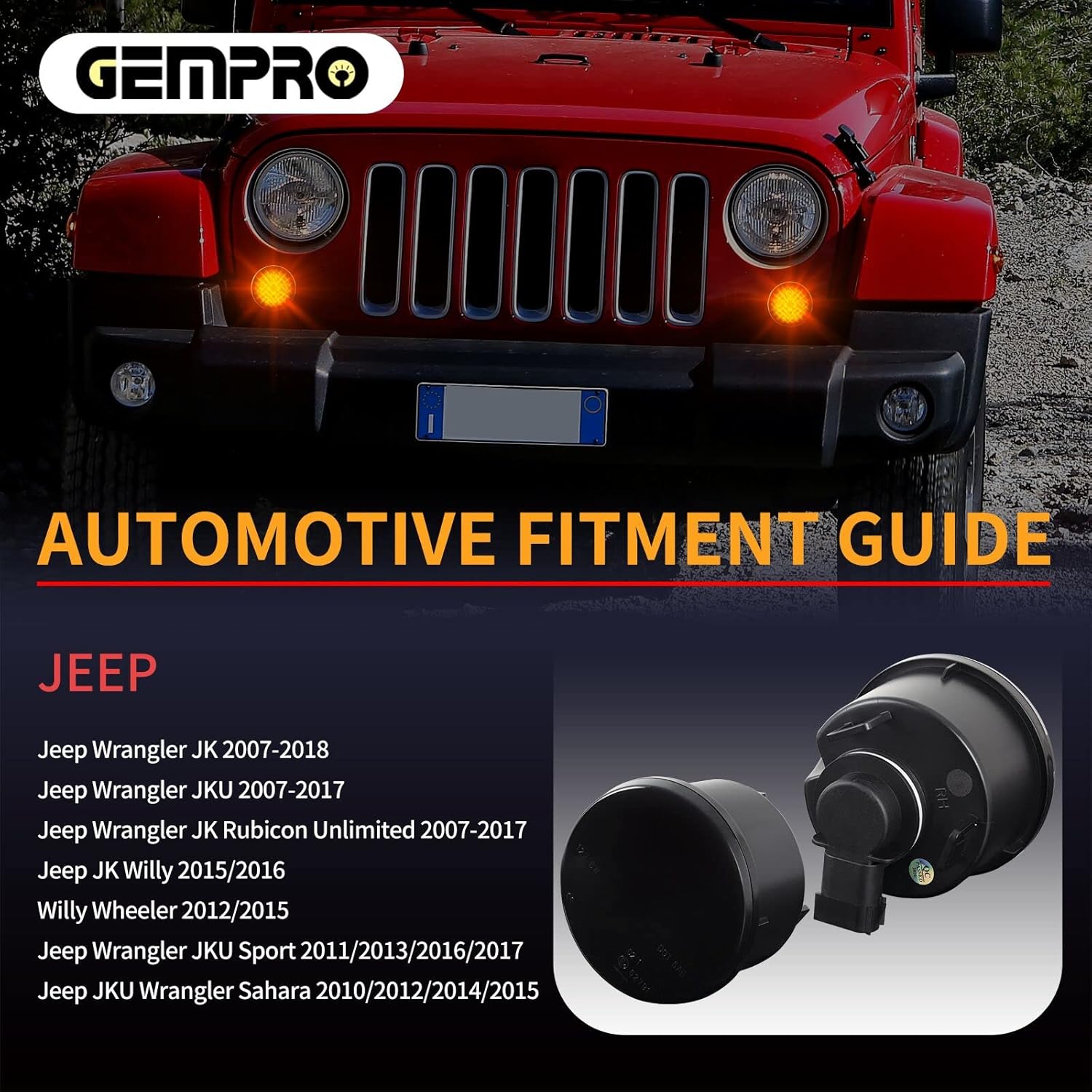 Gempro LED Sequential Front Turn Signal Light Assembly Amber Parking Lights Compatible with Jeep Wrangler JK 2007-2018 (Smoked Len)