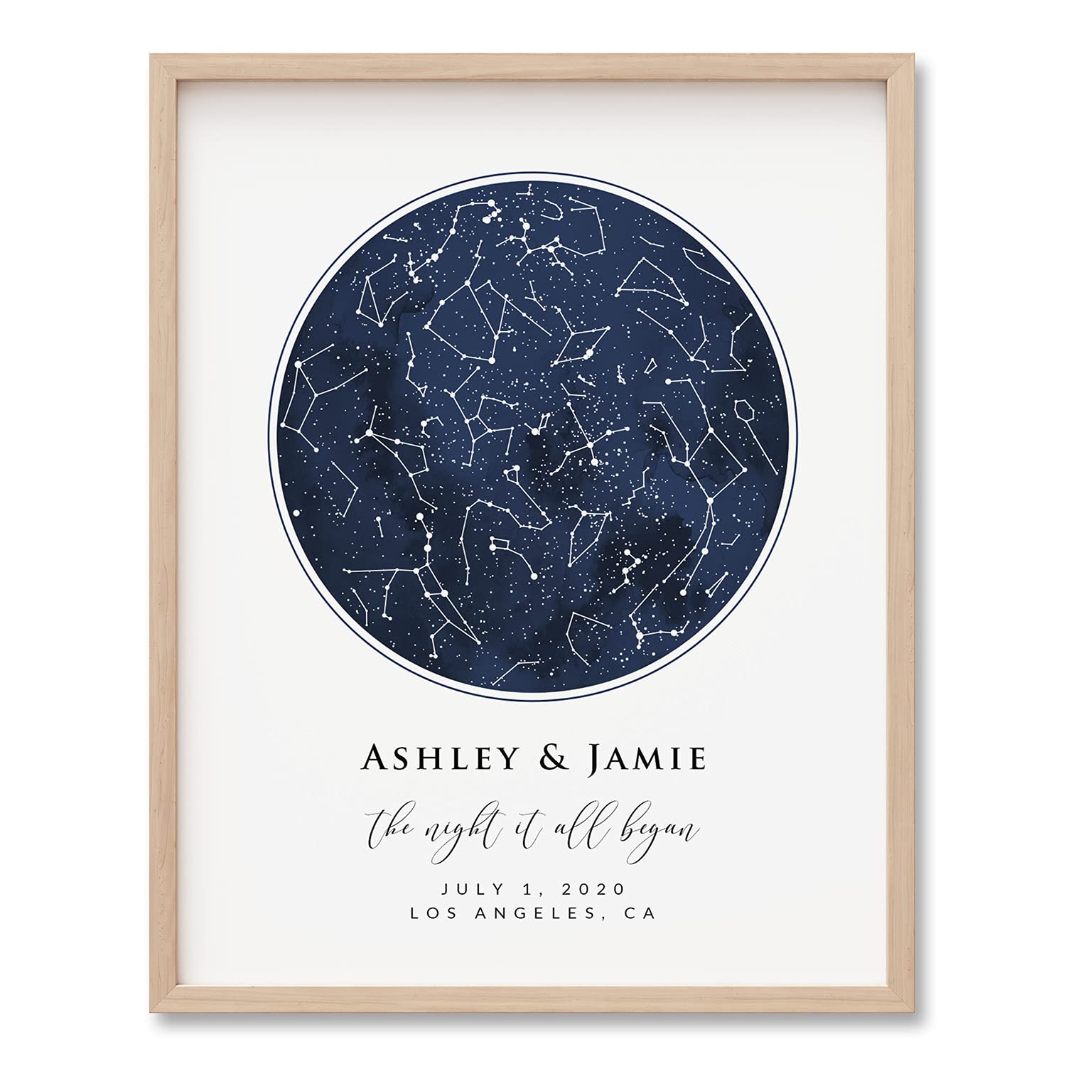 Custom Star Sky Map Print, Navy Watercolor Texture Zodiac Constellation, Wedding Anniversary Birthday Newborn Gift, Wall Art Prints (One Circle)