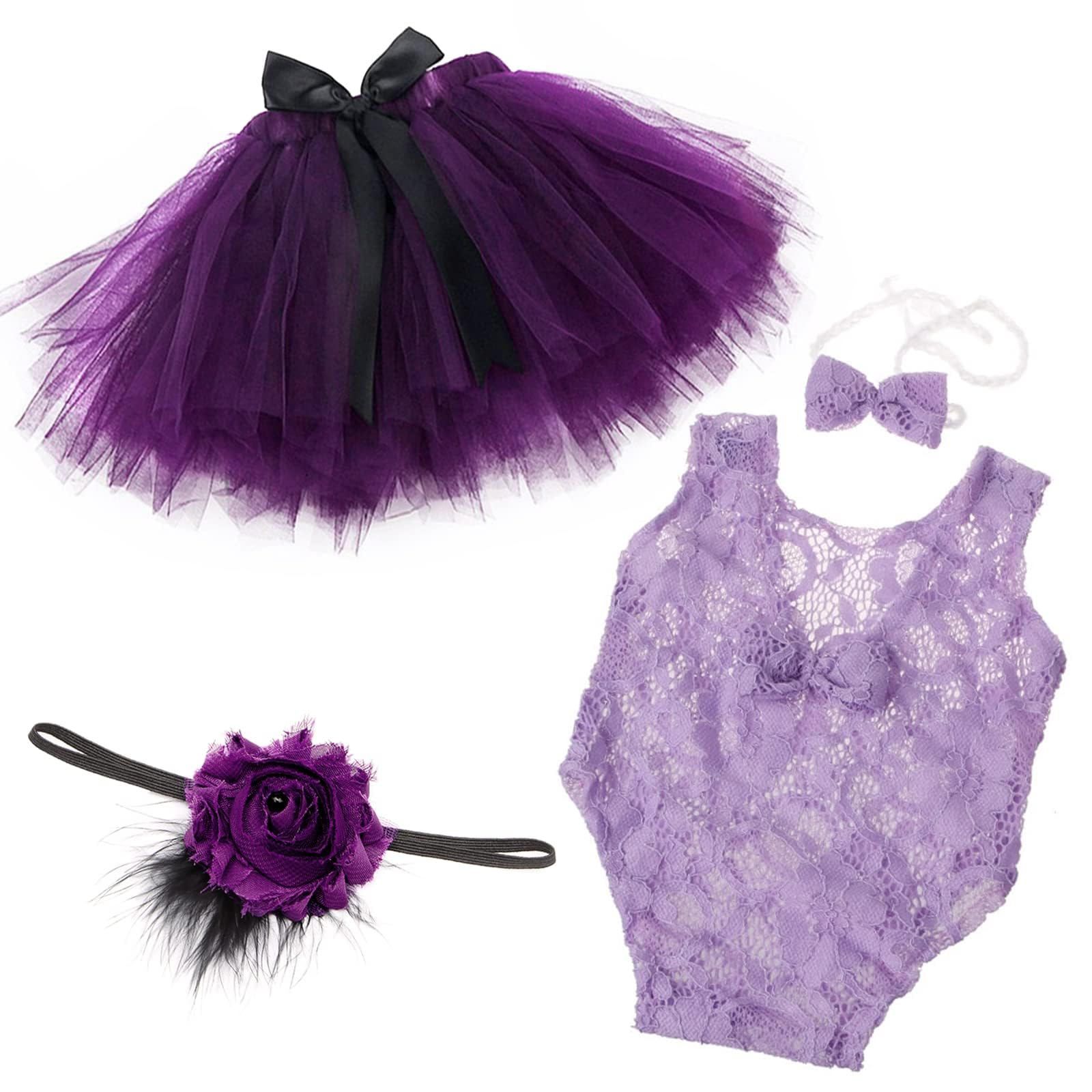 SPOKKI 4 PCS Newborn Photography Props Outfits-BabyTutu Skirt Cute Bow Headdress and Lace Rompers Sets for Infants Girl Boy (PH227-E)