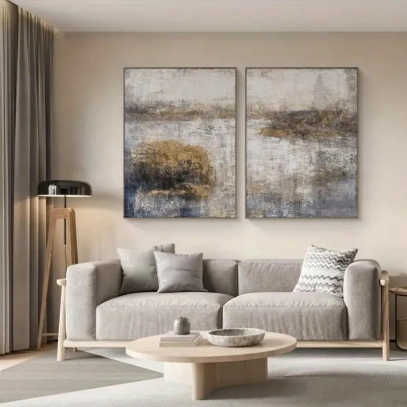 ZBELLO Set of 2 Abstract Wall Art Prints, Modern Gold Grey Landscape Framed Wall Art, for Living Room Bedroom, Unframed (40x50cm)