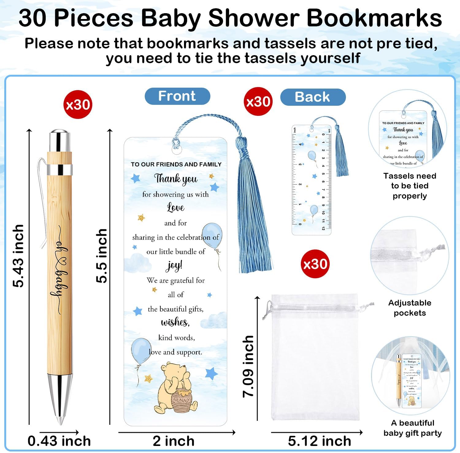 Xendelow 30 Sets Winnie Baby Shower Favors for Guests, Includes 30 Baby Shower Ballpoint Pens 30 Winnie Thank You Bookmarks 30 Organza Bags for Gender Reveal Gifts Guest Prizes, The Pooh Decoration