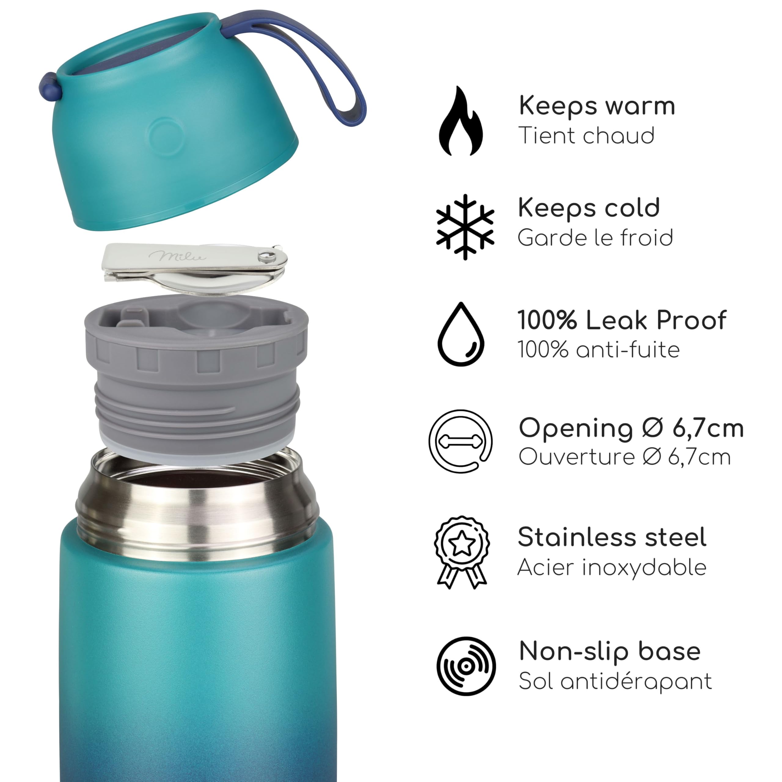 Milu Boîtes Alimentaires Isothermes 650 ml Boîte Isotherme Repas Chaud Porte-Aliments en Acier Inoxydable à Double Couche, Cuillère Pliante pour Ecole, Bureau (650ml/Vert Bleu)