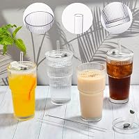 ALINK 4 darabos 600 ml bordázott üvegpohár szett fedővel és szívószállal, vastag falú smoothie poharak légmentesen záró 8
