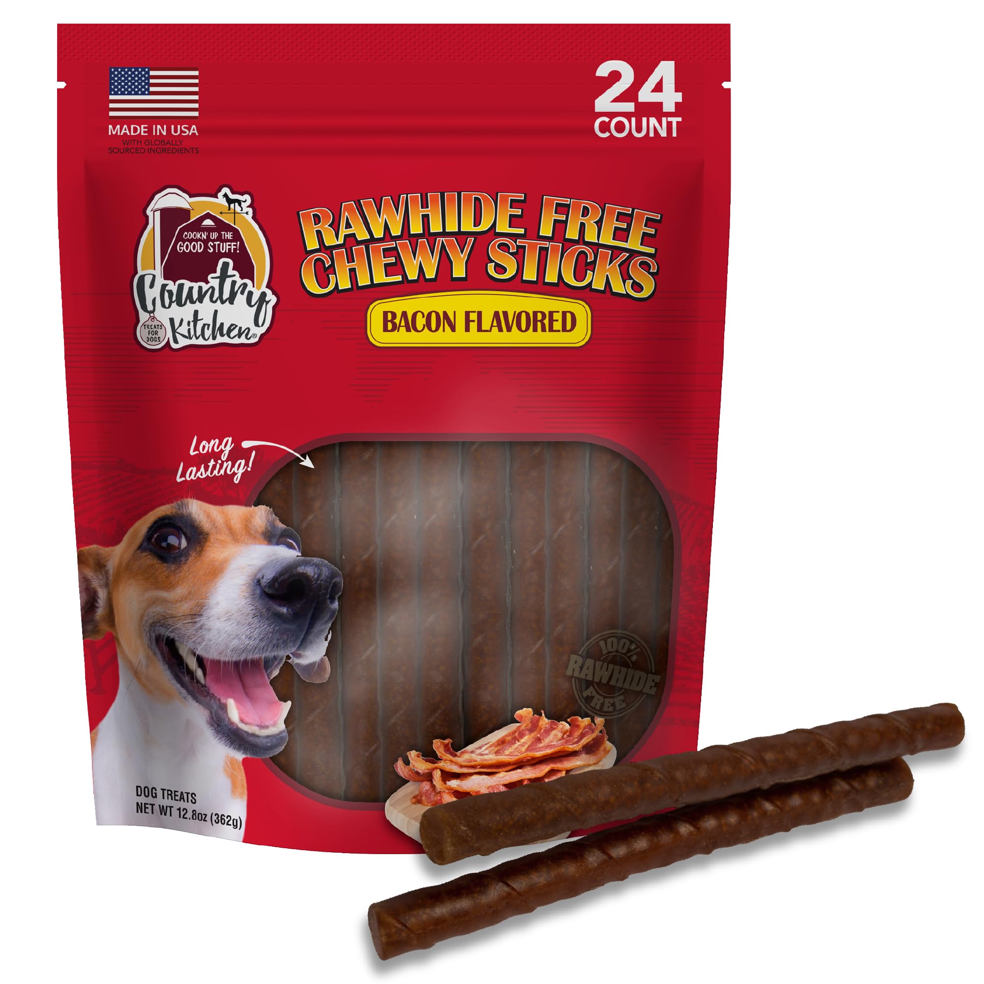 Country Kitchen Rawhide Free Chewy Stick Dog Treats, Bacon Flavor, 24 Count