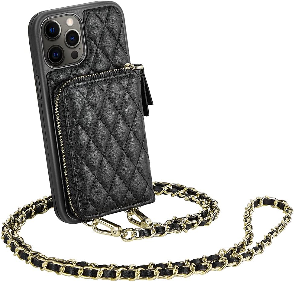 LAMEEKU Compatible with iPhone 12 Pro Max Wallet Case, Crossbody Chain Wrist Strap Quilted Card Holder Women Cover for iPhone 12 Pro Max 6.7"-Black