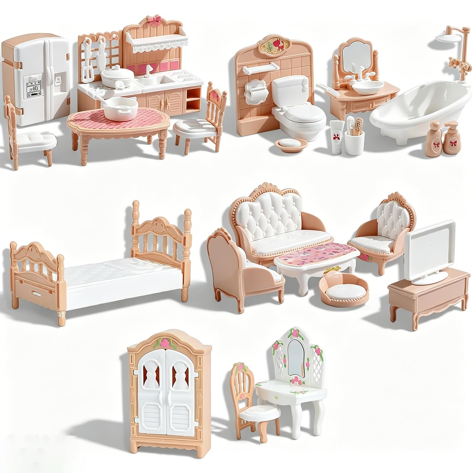 32pcs Miniature Dollhouse Furniture Set, Dolls House Furniture, 1:12 Scale Realistic Dolls House Accessories, Tiny Bedroom Living Room Kitchen Bathroom Furniture for Play and Collectors